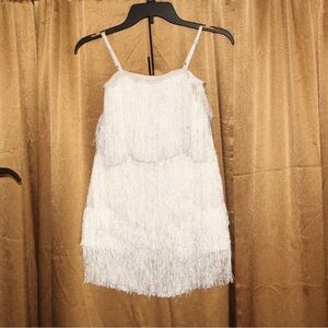 white fringe skirt set size L bikini strap cropped top & 3 layer fringe skirt